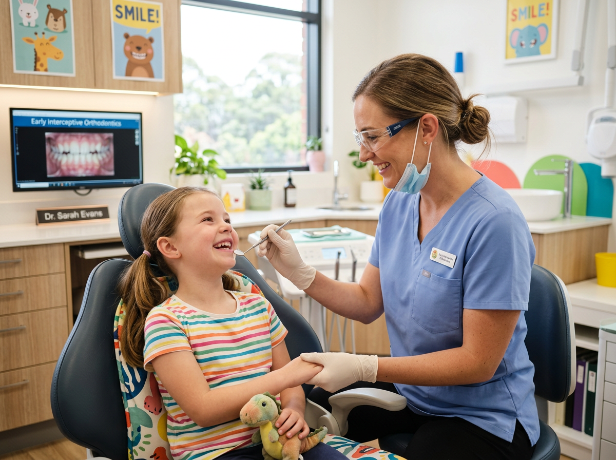 Gentle pediatric orthodontist evaluating a child during consultation