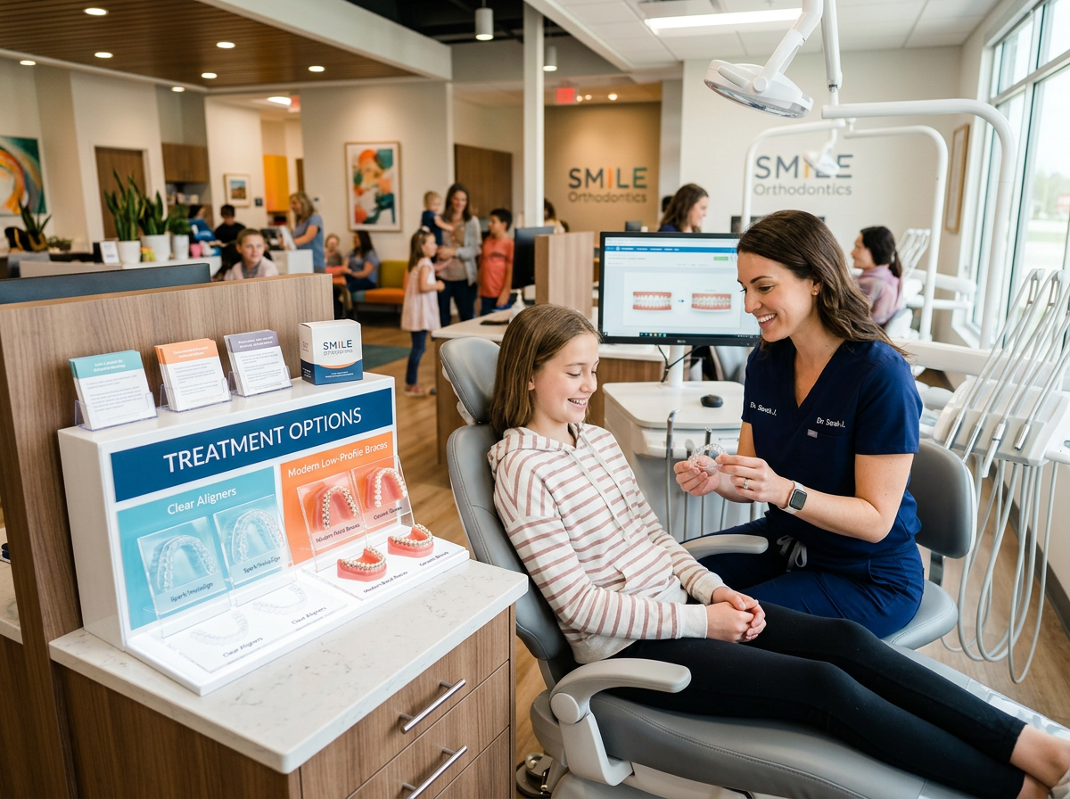 Modern orthodontics bay with clear aligners and braces samples