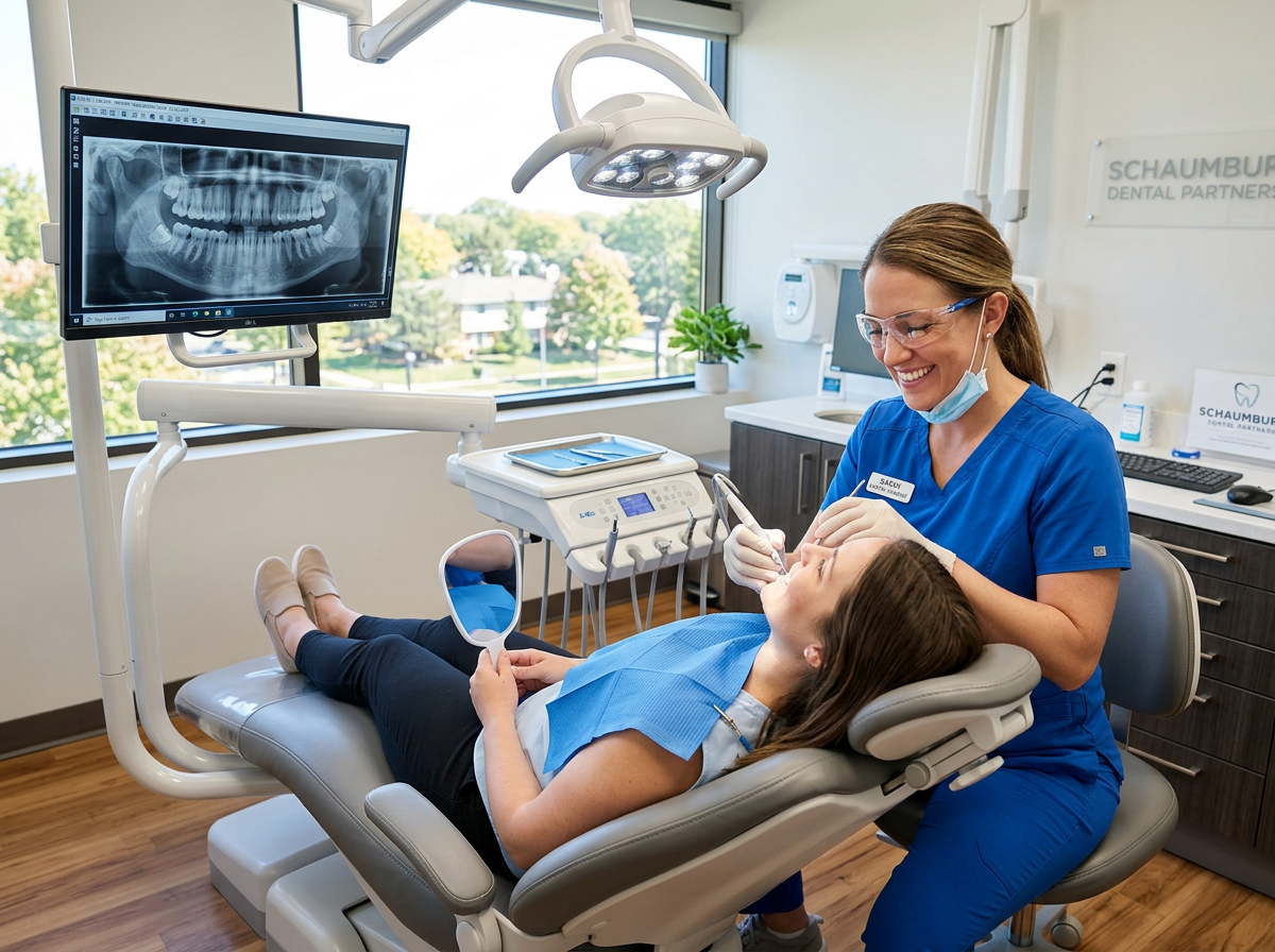 Dental hygienist performing gentle dental cleaning